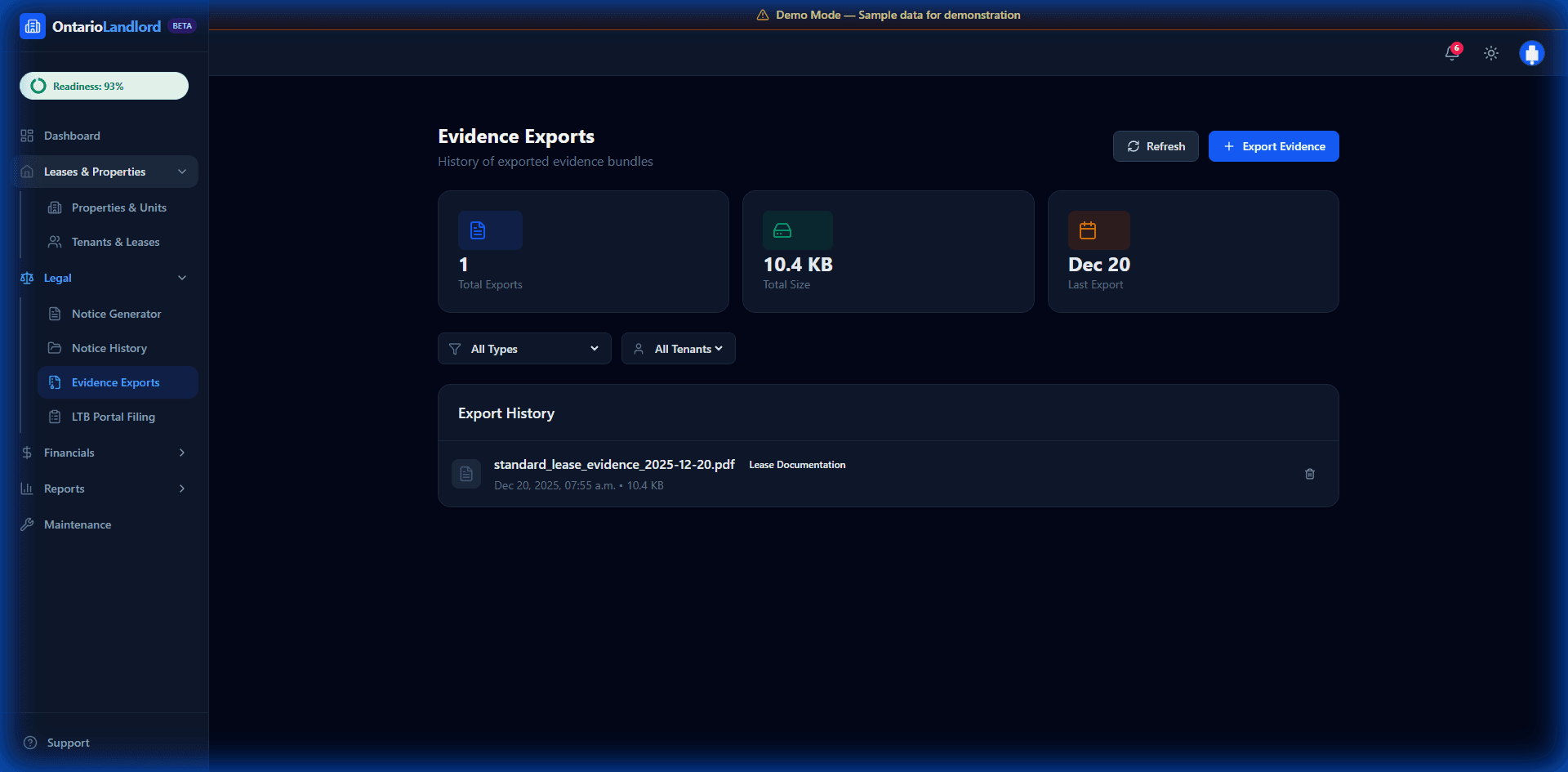 Evidence Bundle Preview showing exported PDF packages