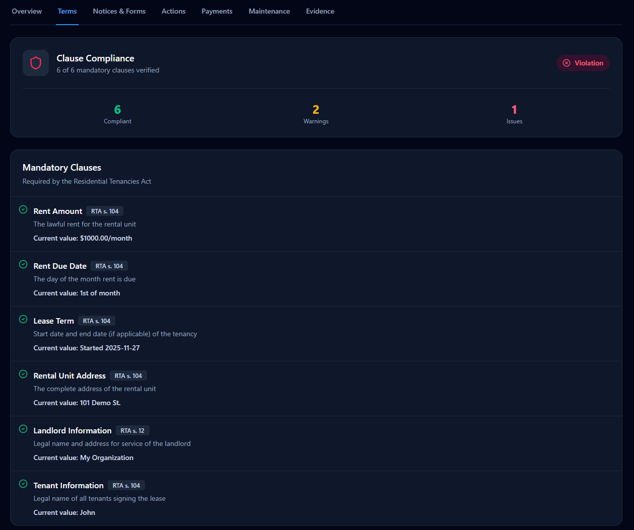 Ontario Standard Lease compliance checker showing automatic validation of all 6 mandatory RTA clauses for landlord compliance verification