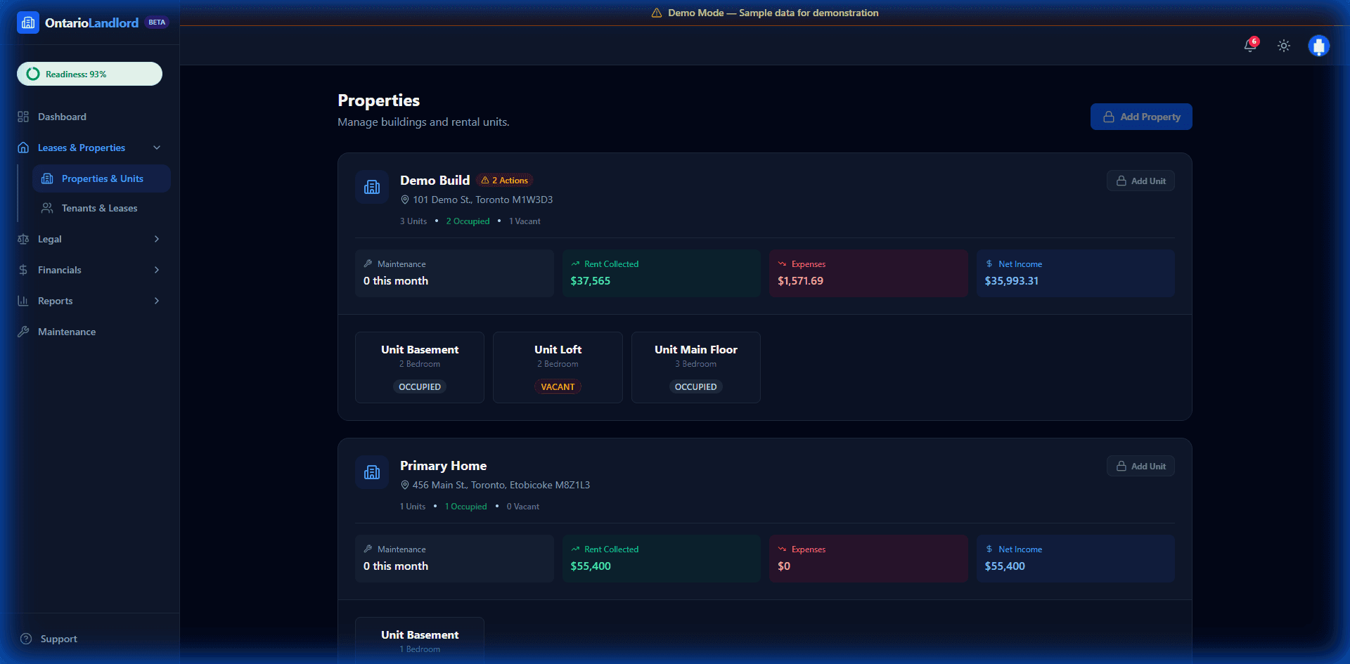 Portfolio-wide unit and lease compliance overview for Ontario landlords